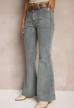 Jasnoniebieskie Jeansy z Bawełny Dzwony High Waist z Paskiem i Ozdobnymi Kieszeniami Mevalia