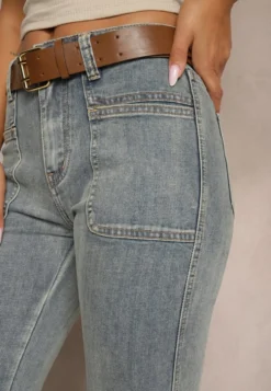 Jasnoniebieskie Jeansy z Bawełny Dzwony High Waist z Paskiem i Ozdobnymi Kieszeniami Mevalia