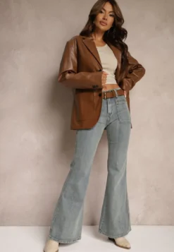 Jasnoniebieskie Jeansy z Bawełny Dzwony High Waist z Paskiem i Ozdobnymi Kieszeniami Mevalia