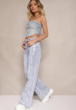 Jasnoniebieskie Jeansy z Bawełny o Szerokim Kroju High Waist Ozdobione Przetarciami Feliona
