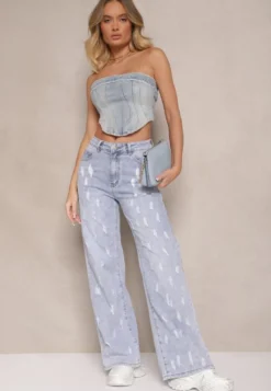 Jasnoniebieskie Jeansy z Bawełny o Szerokim Kroju High Waist Ozdobione Przetarciami Feliona