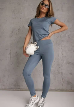 Jasnoniebieskie Legginsy Basic z Modelującą Wstawką w Pasie Liacan