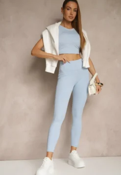 Jasnoniebieskie Legginsy z Ozdobnymi Przeszyciami z Efektem Modelowania Carittia