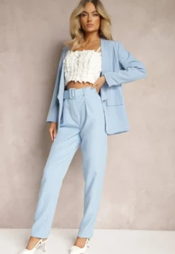 Jasnoniebieskie Spodnie Garniturowe High Waist z Paskiem Wenus