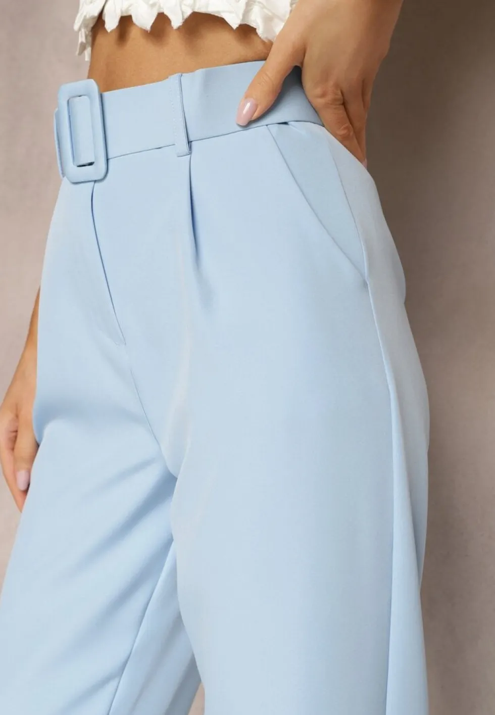 Jasnoniebieskie Spodnie Garniturowe High Waist z Paskiem Wenus