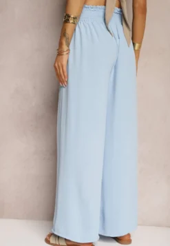 Jasnoniebieskie Spodnie High Waist z Szerokimi Nogawkami i Gumką w Pasie Risabessa