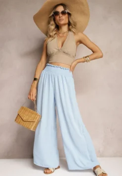 Jasnoniebieskie Spodnie High Waist z Szerokimi Nogawkami i Gumką w Pasie Risabessa