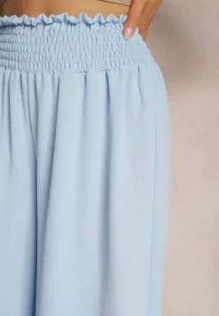 Jasnoniebieskie Spodnie High Waist z Szerokimi Nogawkami i Gumką w Pasie Risabessa