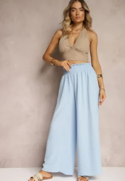 Jasnoniebieskie Spodnie High Waist z Szerokimi Nogawkami i Gumką w Pasie Risabessa