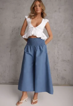Jasnoniebieskie Spodnie Kuloty z Bawełny High Waist o Szerokim Kroju Wykończone Gumką w Pasie Alifrea
