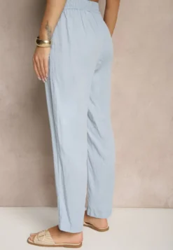 Jasnoniebieskie Spodnie z Bawełną High Waist Ozdobione Wiązaniem Calwia