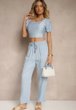 Jasnoniebieskie Spodnie z Bawełną High Waist Ozdobione Wiązaniem Calwia