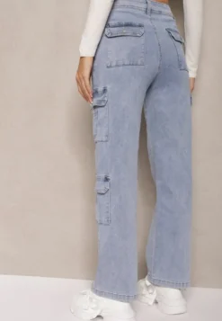 Jasnoniebieskie Szerokie Jeansy High Waist z Kieszeniami Leorrio
