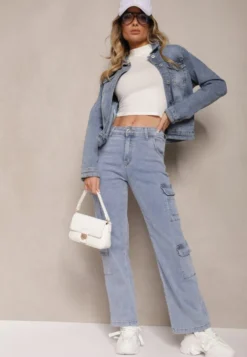 Jasnoniebieskie Szerokie Jeansy High Waist z Kieszeniami Leorrio