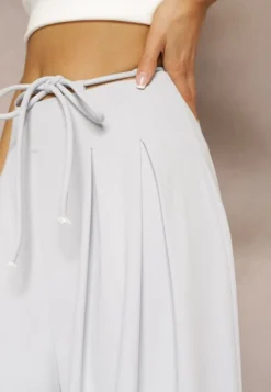 Jasnoniebieskie Szerokie Spodnie High Waist Zapinane na Suwak z Wiązaniem w Talii Vikonnia