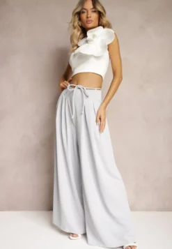 Jasnoniebieskie Szerokie Spodnie High Waist Zapinane na Suwak z Wiązaniem w Talii Vikonnia