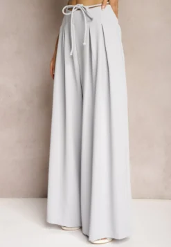 Jasnoniebieskie Szerokie Spodnie High Waist Zapinane na Suwak z Wiązaniem w Talii Vikonnia