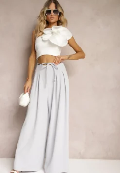 Jasnoniebieskie Szerokie Spodnie High Waist Zapinane na Suwak z Wiązaniem w Talii Vikonnia