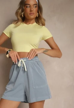 Jasnoniebieskie Szorty High Waist z Wiskozą o Klasycznym Kroju z Kieszeniami i Wiązaniem Raletta