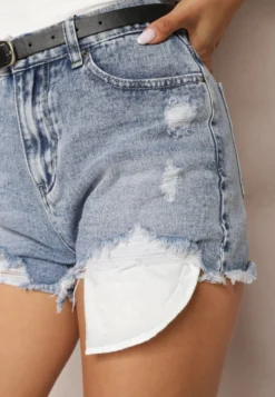 Jasnoniebieskie Szorty Jeansowe High Waist z Paskiem z Imitacji Skóry Ozdobione Przetarciami Tiamathy