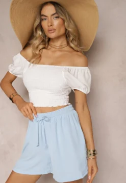 Jasnoniebieskie Szorty o Luźnym Kroju High Waist z Gumką w Talii Vimallora