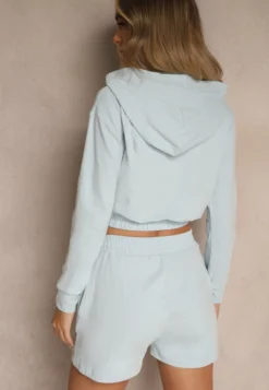 Jasnoniebieski Komplet z Bawełny w Sportowym Stylu Bluza z Kapturem i Szorty Izurea