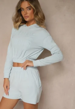 Jasnoniebieski Komplet z Bawełny w Sportowym Stylu Bluza z Kapturem i Szorty Izurea