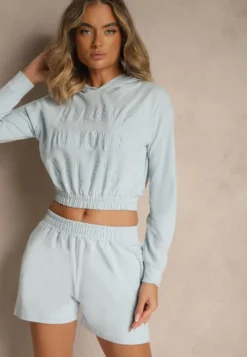 Jasnoniebieski Komplet z Bawełny w Sportowym Stylu Bluza z Kapturem i Szorty Izurea