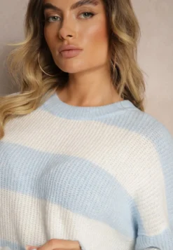 Jasnoniebieski Sweter ze Ściągaczami Ozdobiony Pasami z Wełną Tiarosea