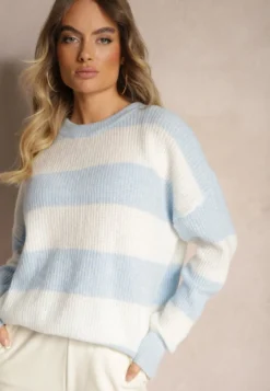 Jasnoniebieski Sweter ze Ściągaczami Ozdobiony Pasami z Wełną Tiarosea