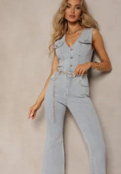 Jasnoniebieski Taliowany Jeansowy Kombinezon z Bawełny z Dzwonami z Guzikami i Imitacją Kieszeni Abnelia