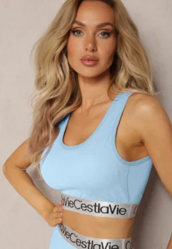 Jasnoniebieski Top Sportowy Biustonosz Elastyczny Prążkowany z Ozdobną Gumą Waslema