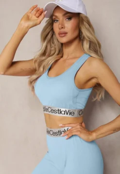 Jasnoniebieski Top Sportowy Biustonosz Elastyczny Prążkowany z Ozdobną Gumą Waslema
