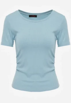Jasnoniebieski T-shirt w Prążki z Marszczeniami po Bokach Nedala