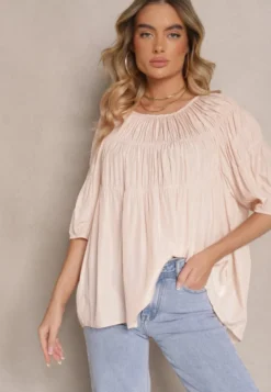 Jasnoróżowa Bluzka z Wiskozą o Fasonie Oversize z Gumkami w Ramionach Alirona