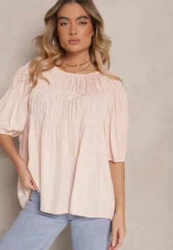 Jasnoróżowa Bluzka z Wiskozą o Fasonie Oversize z Gumkami w Ramionach Alirona