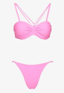 Jasnoróżowe Bikini Majtki Typu Figi i Biustonosz z Ozdobnymi Paskami Fadelinna