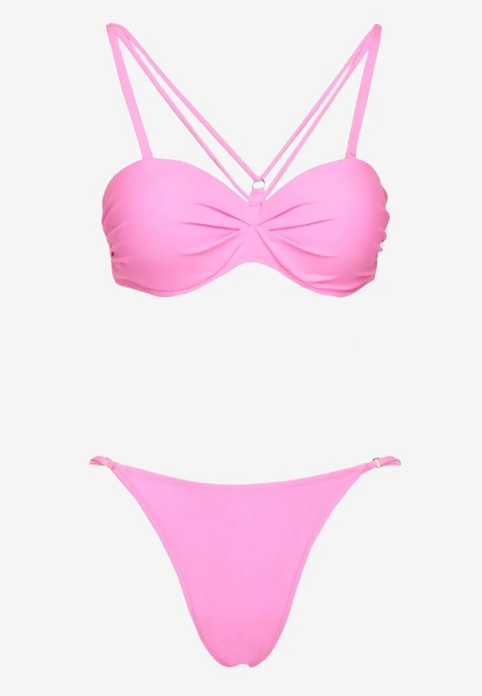 Jasnoróżowe Bikini Majtki Typu Figi i Biustonosz z Ozdobnymi Paskami Fadelinna