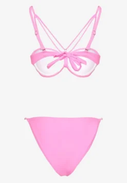 Jasnoróżowe Bikini Majtki Typu Figi i Biustonosz z Ozdobnymi Paskami Fadelinna