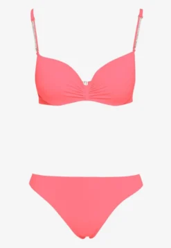Jasnoróżowe Bikini Usztywniany Biustonosz z Cyrkoniami i Spodenki Kąpielowe Wykończone Gumką w Pasie Rilamia