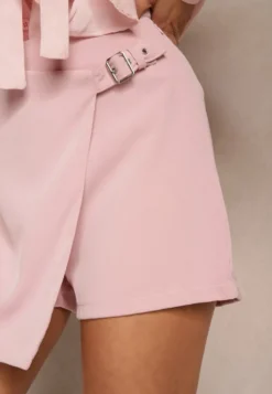 Jasnoróżowe Spódnico-Szorty High Waist z Paskiem i Klamrą Nonithra