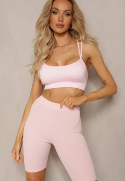 Jasnoróżowe Sportowe Szorty Kolarki Prążkowane High Waist Steiama
