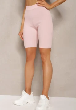 Jasnoróżowe Sportowe Szorty Kolarki Prążkowane High Waist Steiama