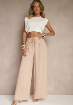 Jasnoróżowe Szerokie Spodnie High Waist z Gumką w Talii Ilnena