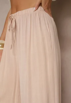 Jasnoróżowe Szerokie Spodnie High Waist z Gumką w Talii Ilnena