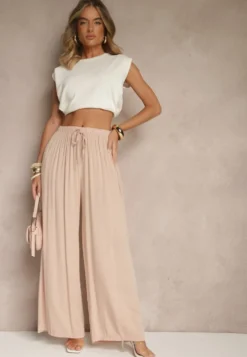 Jasnoróżowe Szerokie Spodnie High Waist z Gumką w Talii Ilnena