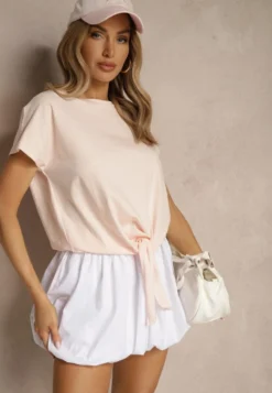 Jasnoróżowy Bawełniany T-shirt Wiązany u Dołu Sunalina