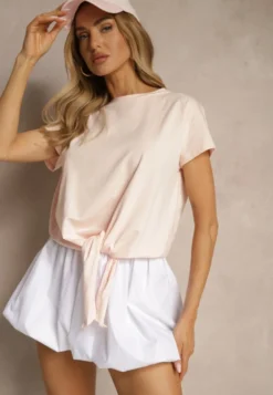 Jasnoróżowy Bawełniany T-shirt Wiązany u Dołu Sunalina