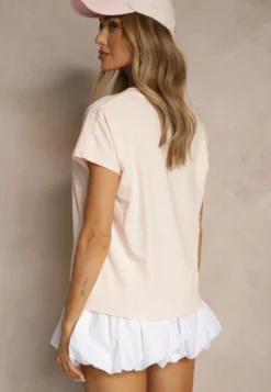 Jasnoróżowy Bawełniany T-shirt Wiązany u Dołu Sunalina