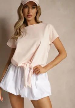 Jasnoróżowy Bawełniany T-shirt Wiązany u Dołu Sunalina